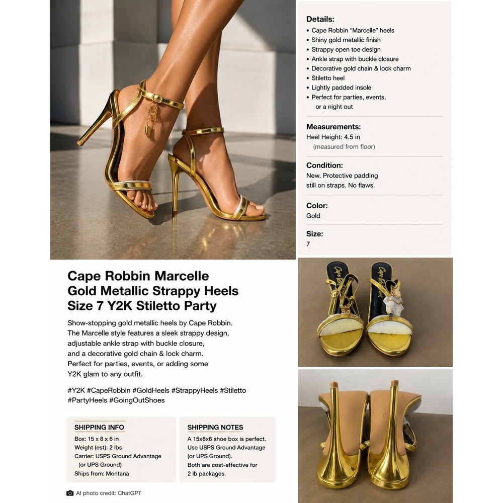 Cape Robbin Marcelle Gold Metallic Strappy Heels Size 7 Y2K Stiletto Party
